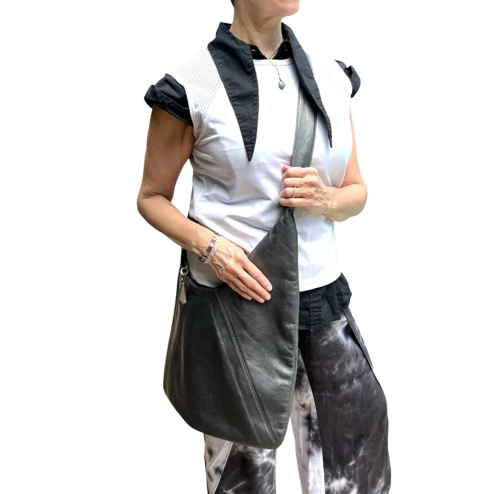 Sharif Leather Hobo Crossbody Bag Pewter Gray Metallic Slouch Shoulder Purse